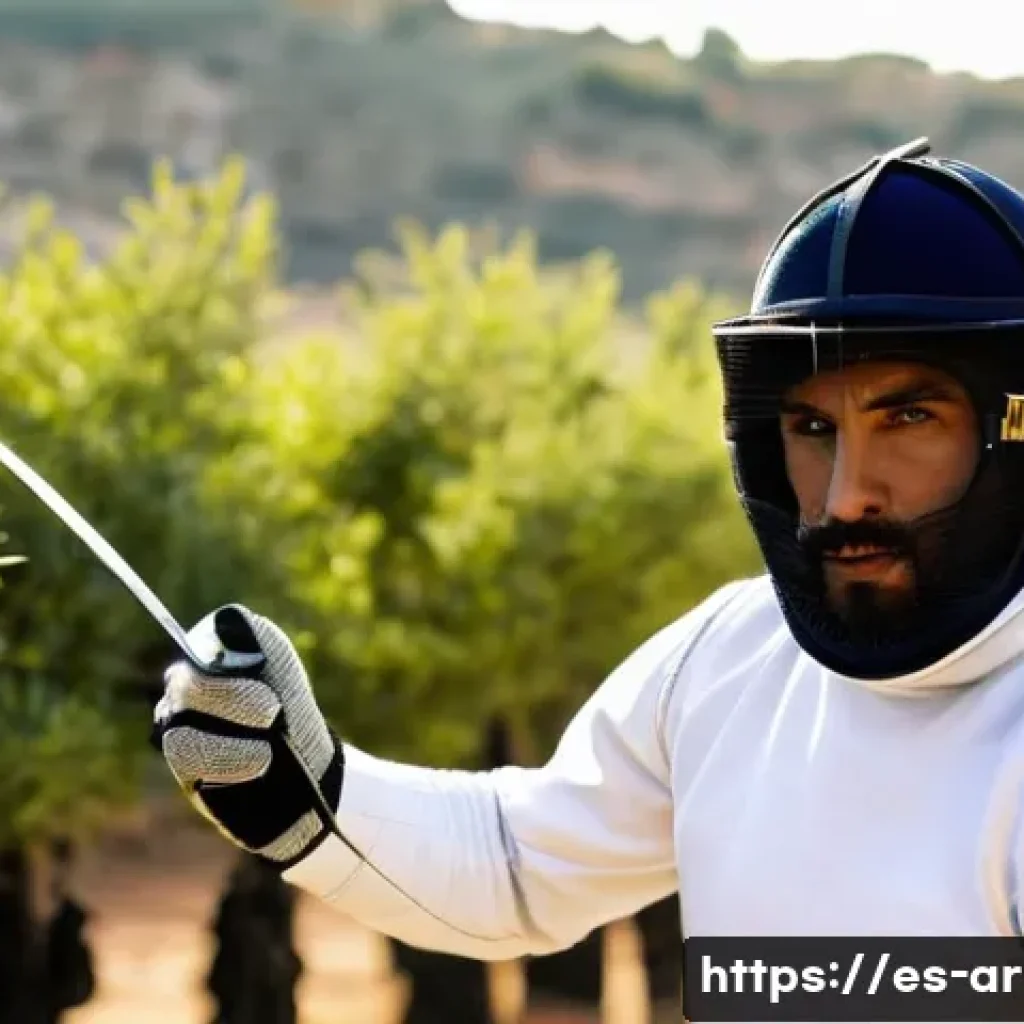 육군 총검술 기본 동작 - A skilled male fencer in his mid-20s practicing bayonet fencing outdoors in a sunlit Spanish trainin...