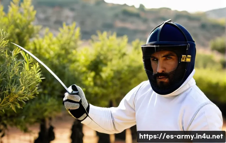 육군 총검술 기본 동작 - A skilled male fencer in his mid-20s practicing bayonet fencing outdoors in a sunlit Spanish trainin...