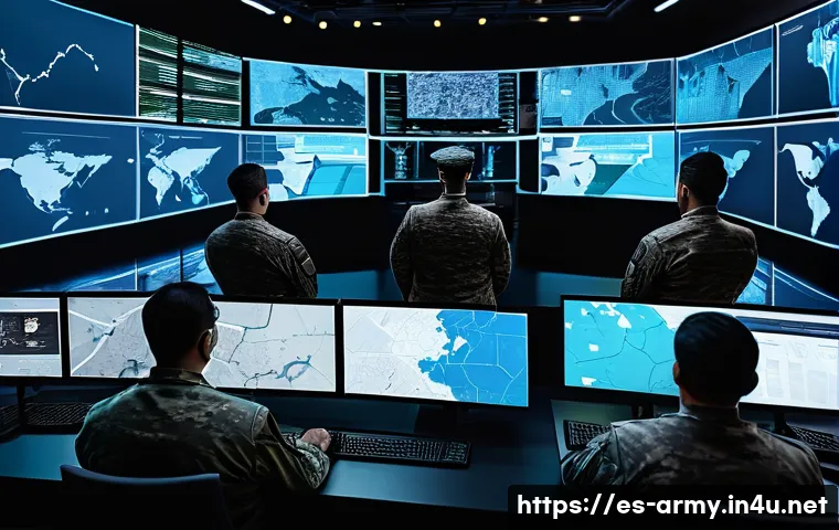 육군 심리전 역사 및 사례 - A detailed digital illustration depicting a modern psychological warfare command center in a Spanish...