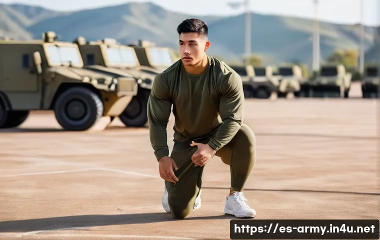 육군 PT체조 동작 설명 - A disciplined young Hispanic male soldier performing dynamic warm-up exercises outdoors in a militar...