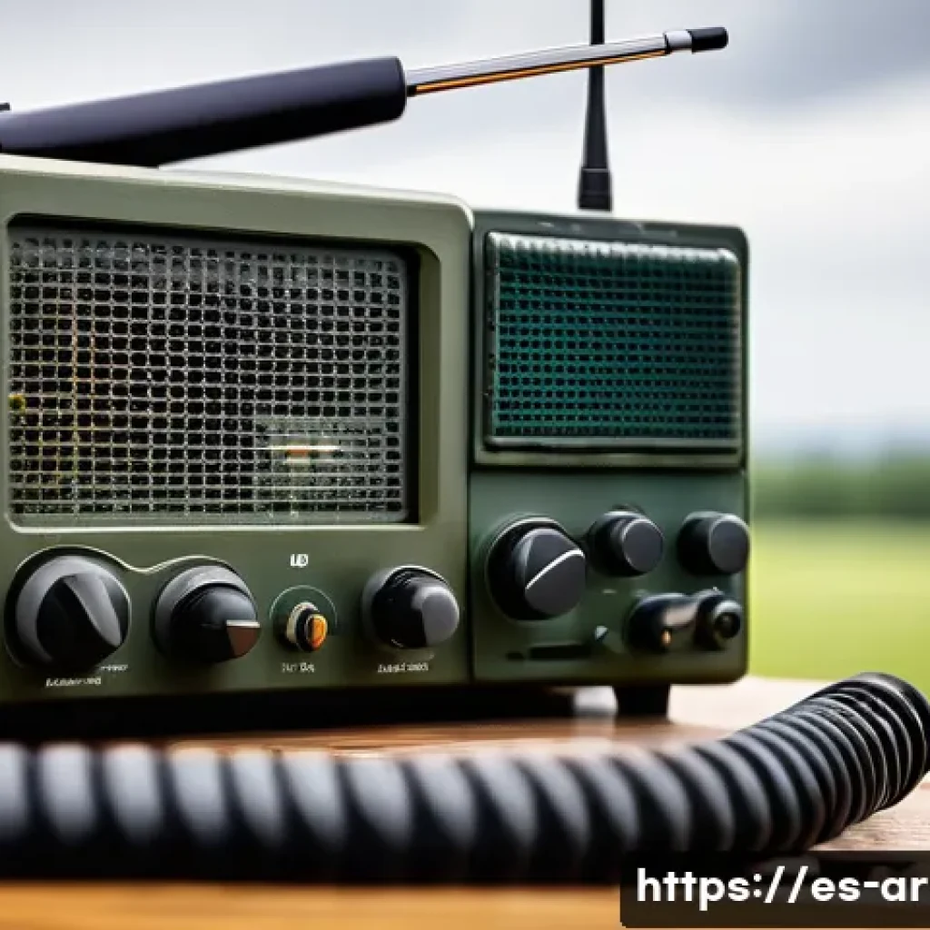 육군 무전기 사용법 - A detailed close-up of a military radio communication setup on a rugged field desk, featuring a tact...