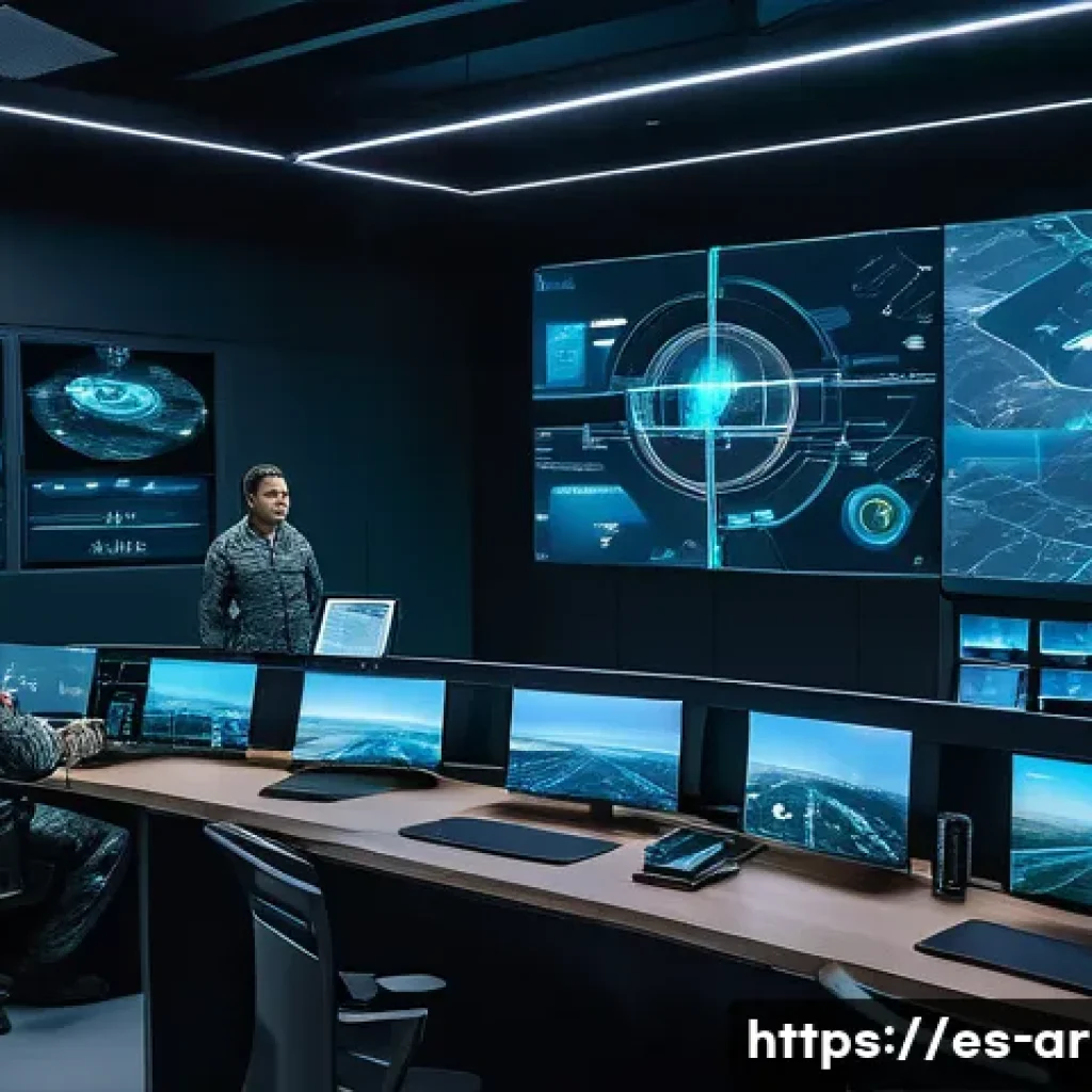 육군 AI 기반 전투 시스템 - A futuristic military command center with diverse AI-driven systems integrated: large digital screen...