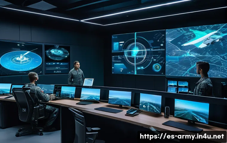 육군 AI 기반 전투 시스템 - A futuristic military command center with diverse AI-driven systems integrated: large digital screen...