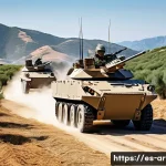 Home 22 육군 기계화 보병 전력 - A modern mechanized infantry unit deploying advanced armored vehicles across rugged Spanish countrys...