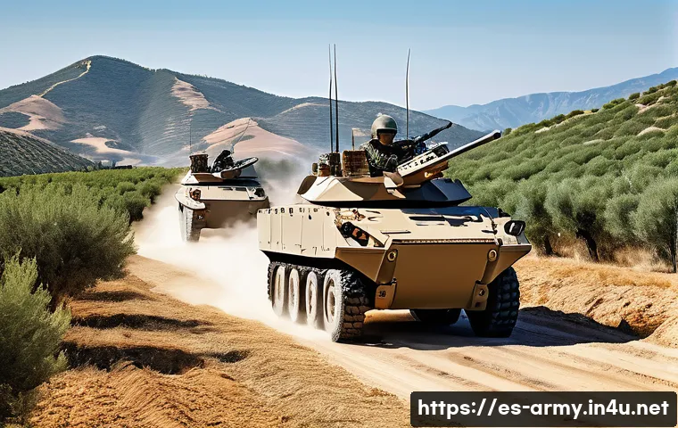 육군 기계화 보병 전력 - A modern mechanized infantry unit deploying advanced armored vehicles across rugged Spanish countrys...