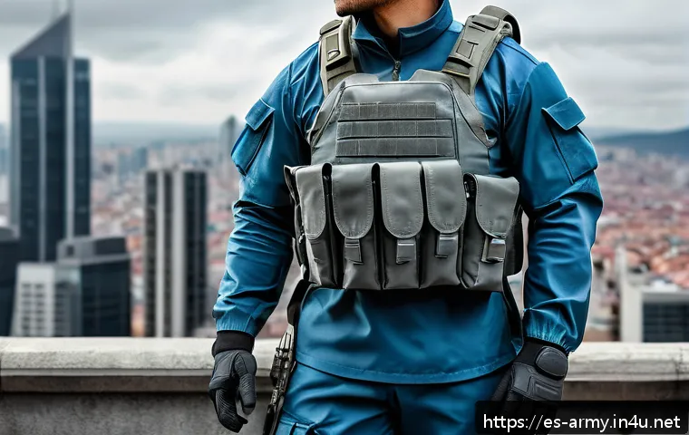 육군 군복 종류 및 착용 방법 - A modern military uniform displayed on a standing soldier in an urban environment, featuring a sleek...