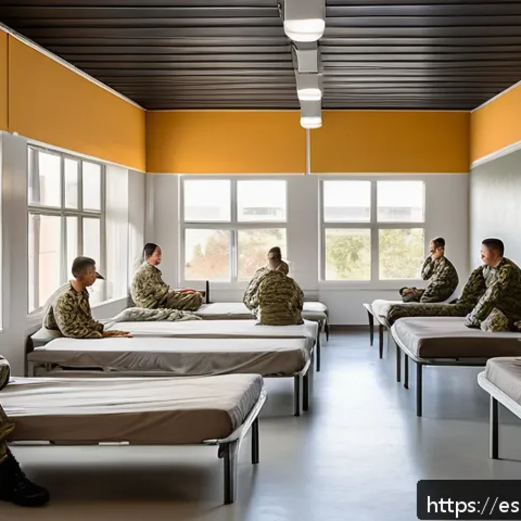 육군 병영문화 개선 정책 - A modern military barracks interior showing renovated dormitories with ergonomic beds neatly made, b...