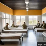 Home 19 육군 병영문화 개선 정책 - A modern military barracks interior showing renovated dormitories with ergonomic beds neatly made, b...