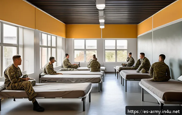 육군 병영문화 개선 정책 - A modern military barracks interior showing renovated dormitories with ergonomic beds neatly made, b...