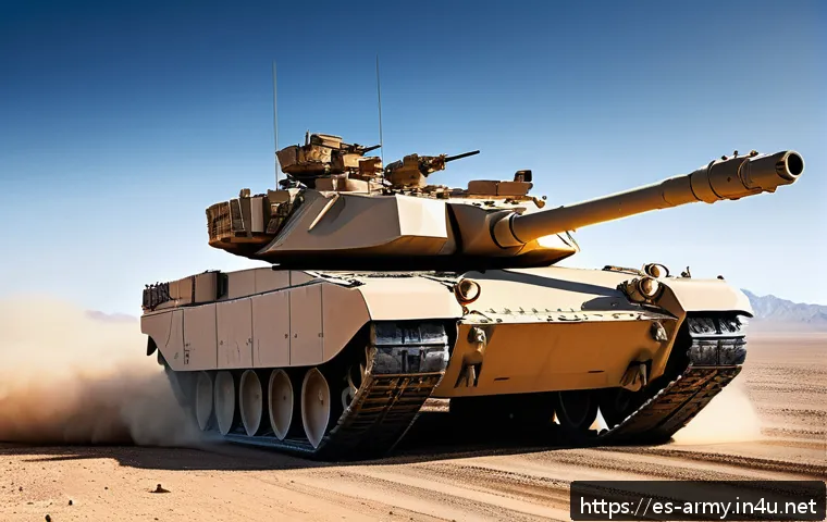 육군 기갑 전력 비교 - A highly detailed and realistic modern American M1 Abrams tank in a desert battlefield environment, ...
