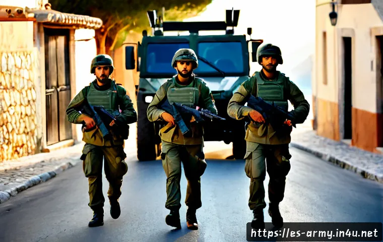 Home 17 육군 실전 투입 사례 - Photorealistic Spanish Army peacekeeping patrol during a real-world overseas deployment, four adult ...