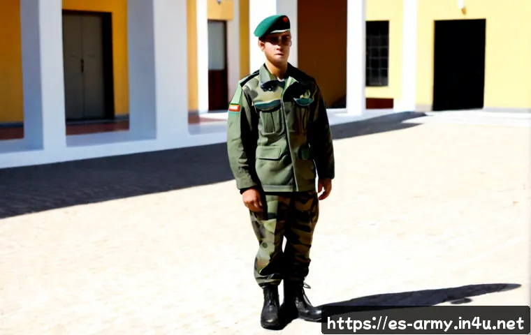 육군 전투복 착용 규정 - Photorealistic Spanish-speaking country army recruit correctly wearing a modern camouflage combat un...