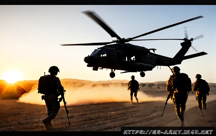 육군 공중 강습 작전 - Photorealistic Spanish Army-style air assault operation at dawn, military transport helicopters hove...